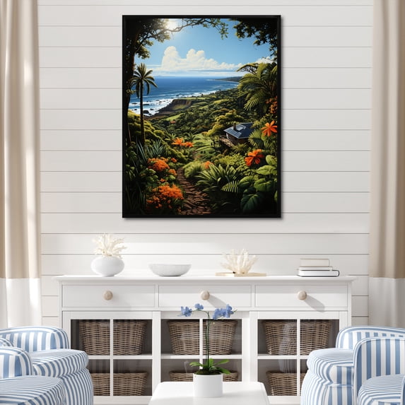 Designart "Paradise Pastoral Coastal tropical Tropical painting I" Nautical & Beach Floater Framed Wall Art Living Room
