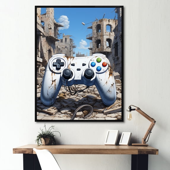 Designart "Paradise Ruins with White PS Controller" Fashion Framed Wall Art - Modern Blue Video Games Entryway Framed Wall Art