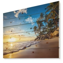 Designart 'Paradise Tropical Island Beach Sunrise' Seashore Print on Natural Pine Wood