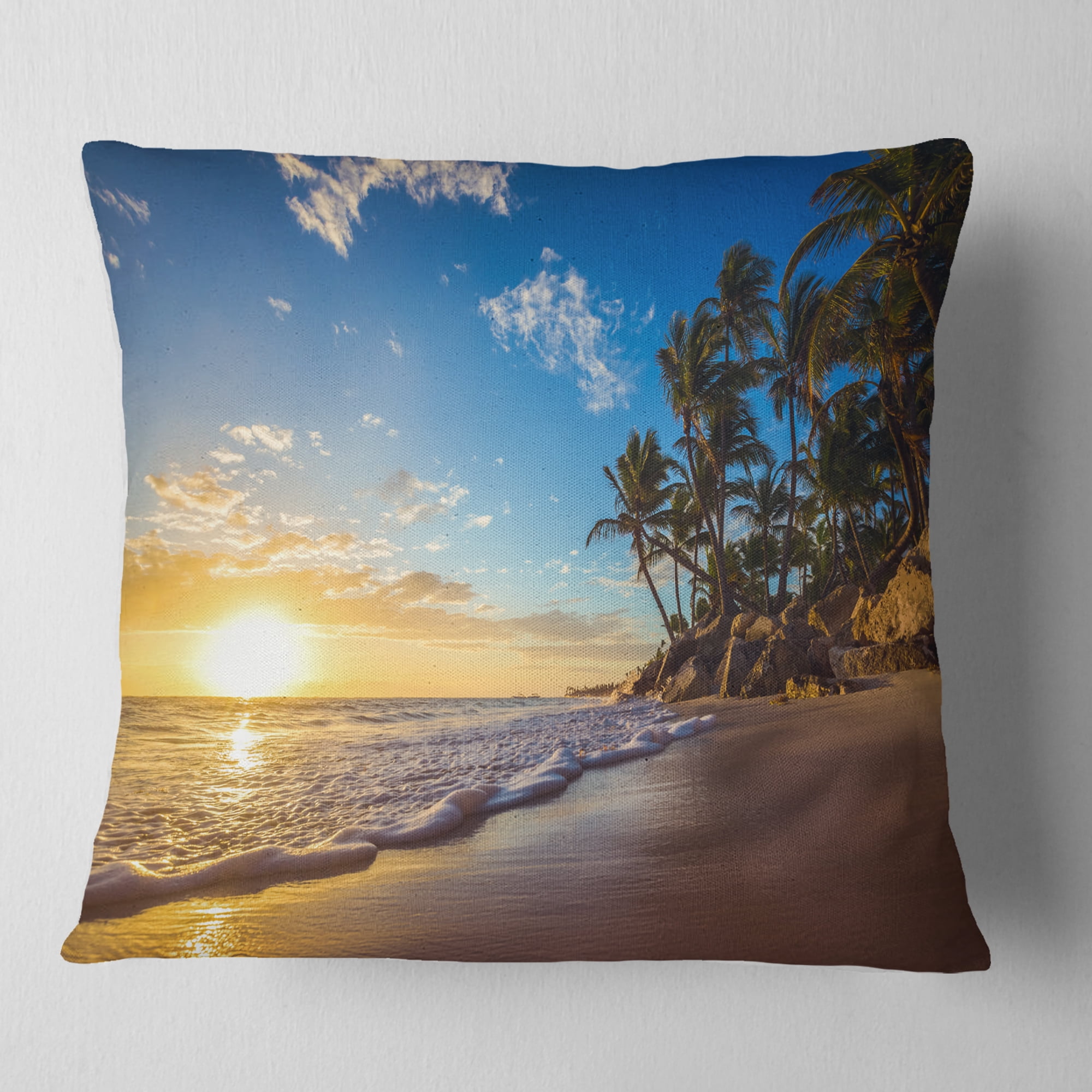 Designart Paradise Tropical Island Beach Sunrise - Seashore Throw Pillow - 16x16