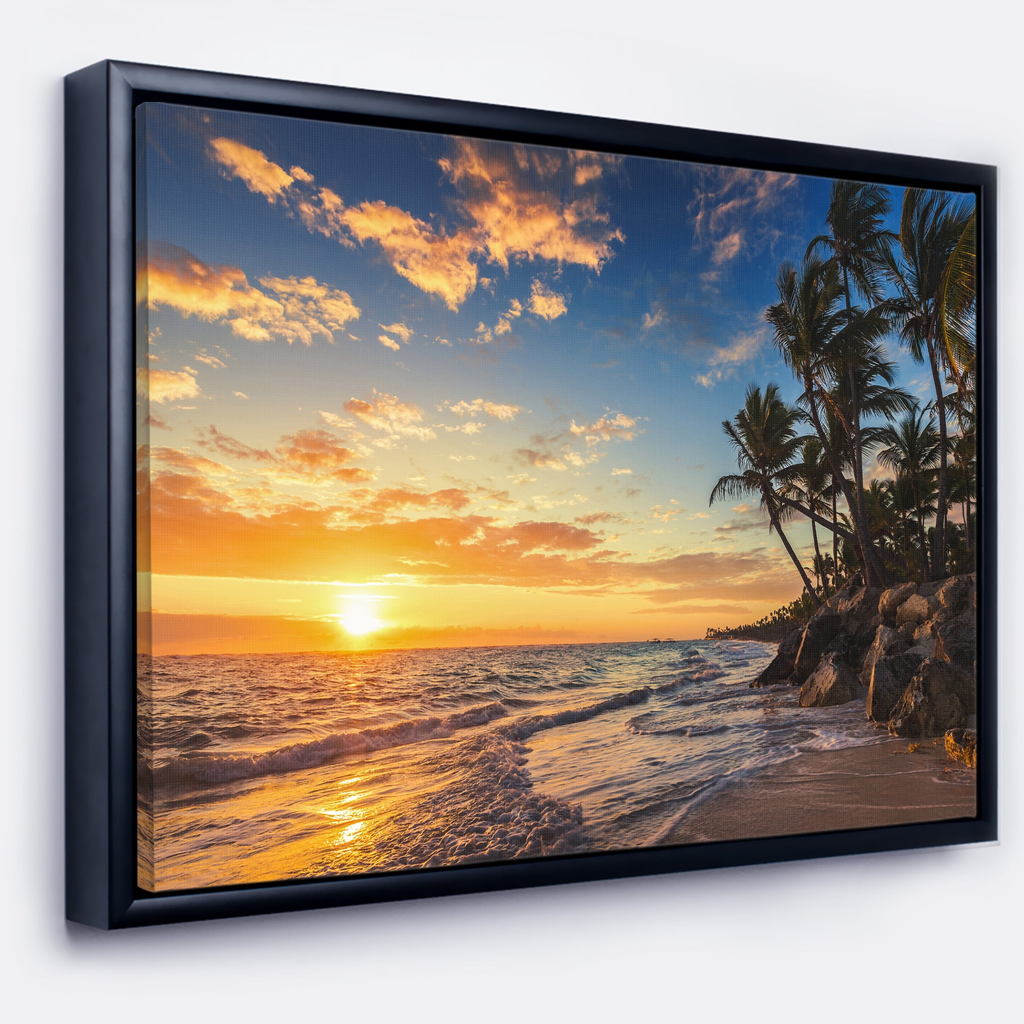 Designart ' Paradise Tropical Island Beach with Palms ' Extra Large Seascape Art Framed Canvas