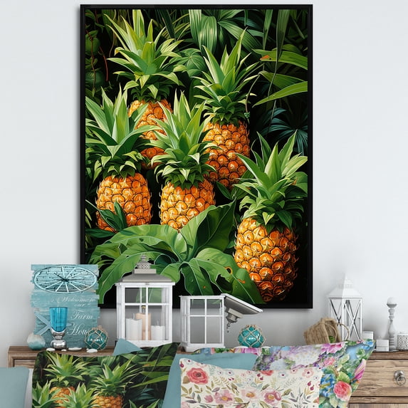 Designart "Paradise of Golden Pineapples III" Food & Beverage Framed Wall Art - Traditional Yellow Pineapples Living Room Framed Canvas Art
