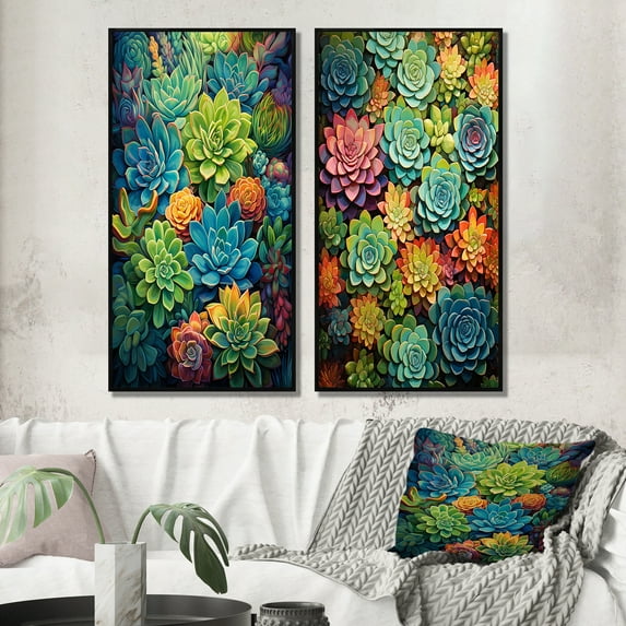 Designart "Paradise of Succulents Green Blue Bliss I" Succulent Framed Wall Art Set Of 2 - Green Floral Framed Wall Art Set Of 2