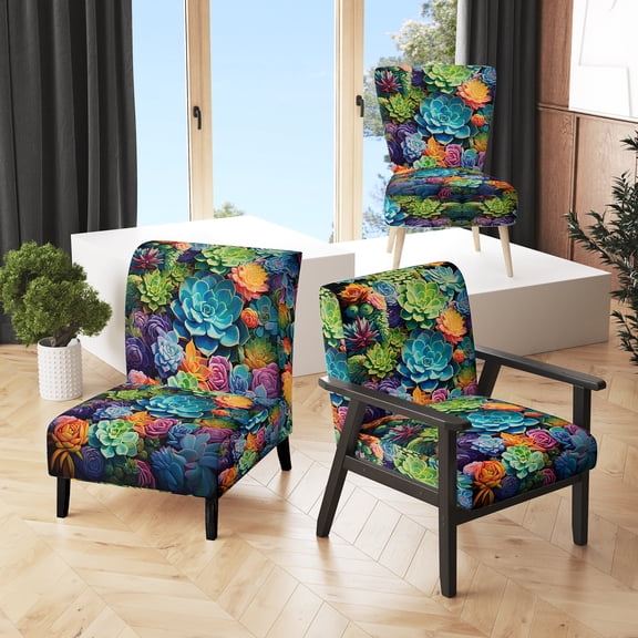 Designart "Paradise of Succulents Green Blue Bliss II" Green Floral & Botanical Upholstered Accent Chair - Traditional Arm Chair For Living Room
