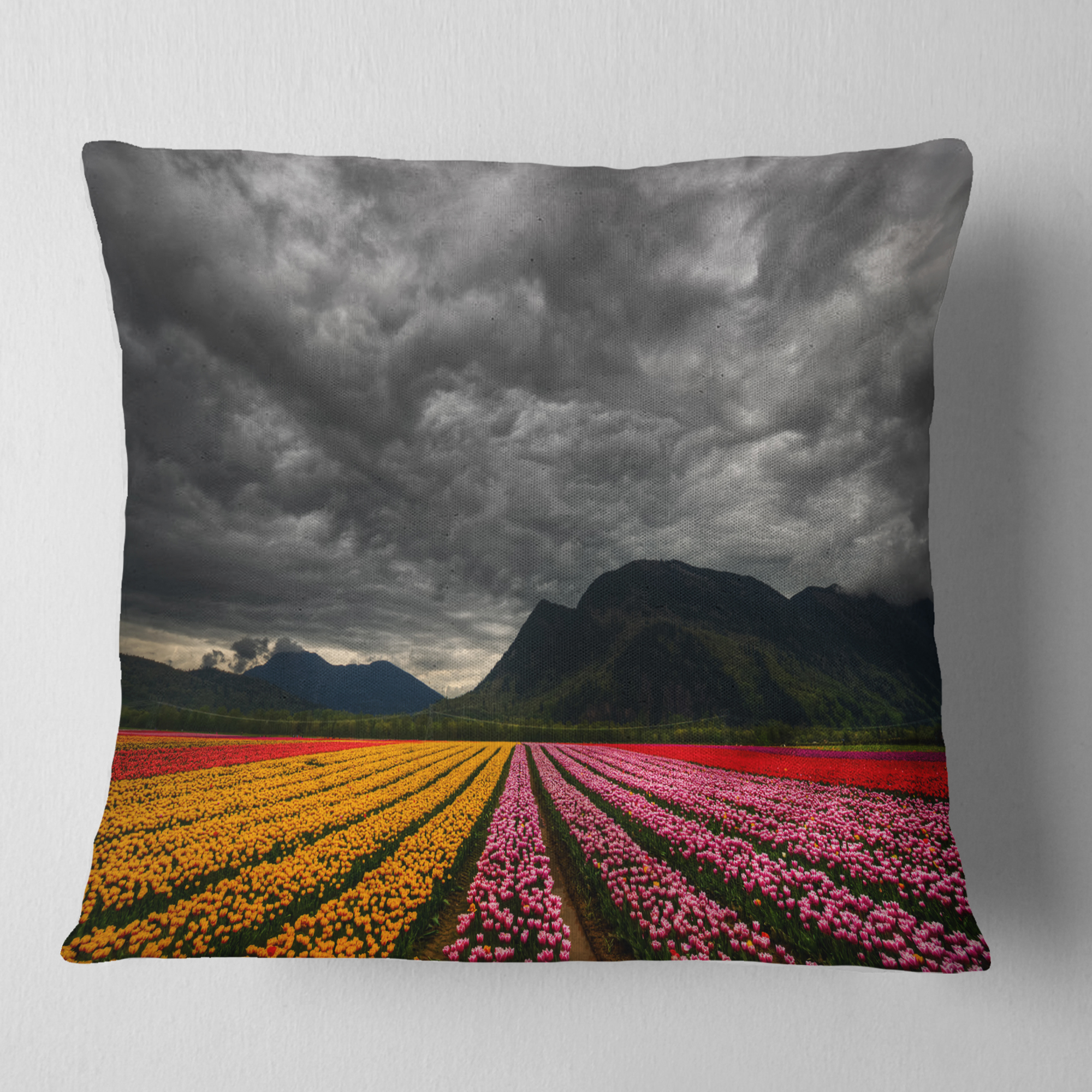 Designart Parallel Rows of Colorful Tulips - Landscape Printed Throw Pillow - 16x16