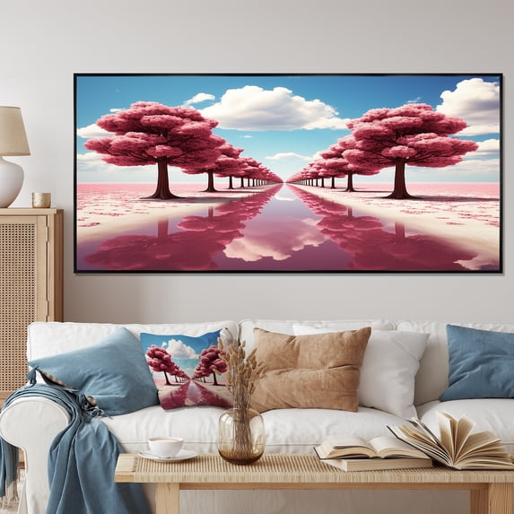Designart "Parallel Universe Journey on Pink Tree Path" Oversized Fashion Framed Wall Art - Modern Pink Science Fiction Hallway Framed Wall Art Decor