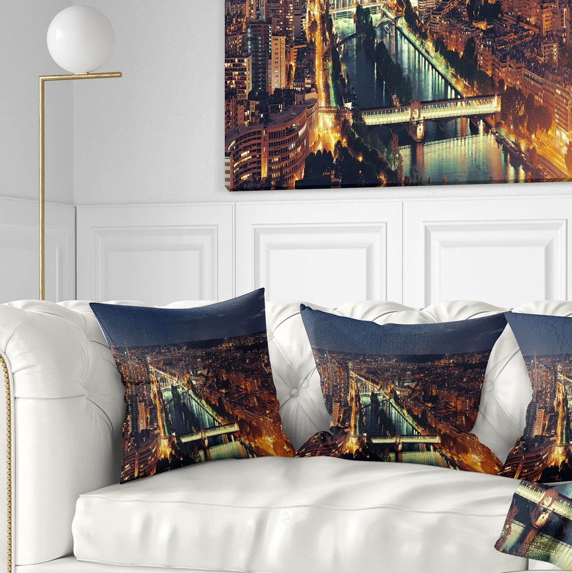 Designart Paris City Night Skyline - Cityscape Photo Throw Pillow - 16x16