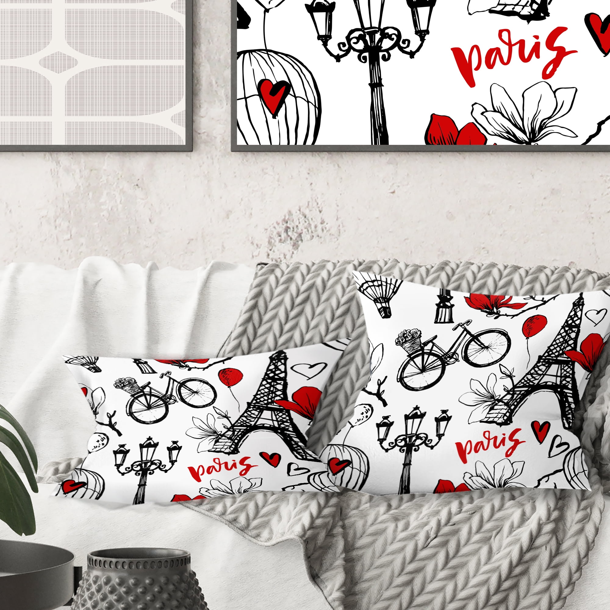 Designart Paris Eiffel Red Hearts I' Mid-Century Modern Throw Pillow - 18x18