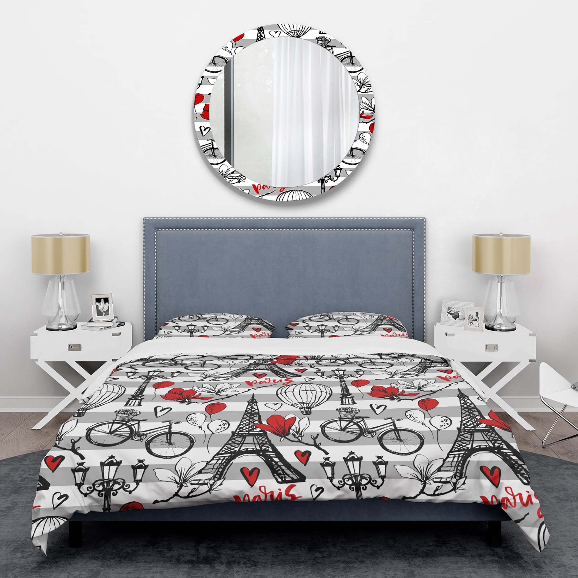 Designart 'Paris Eiffel Red Hearts II' Mid-Century Modern Duvet Cover Set
