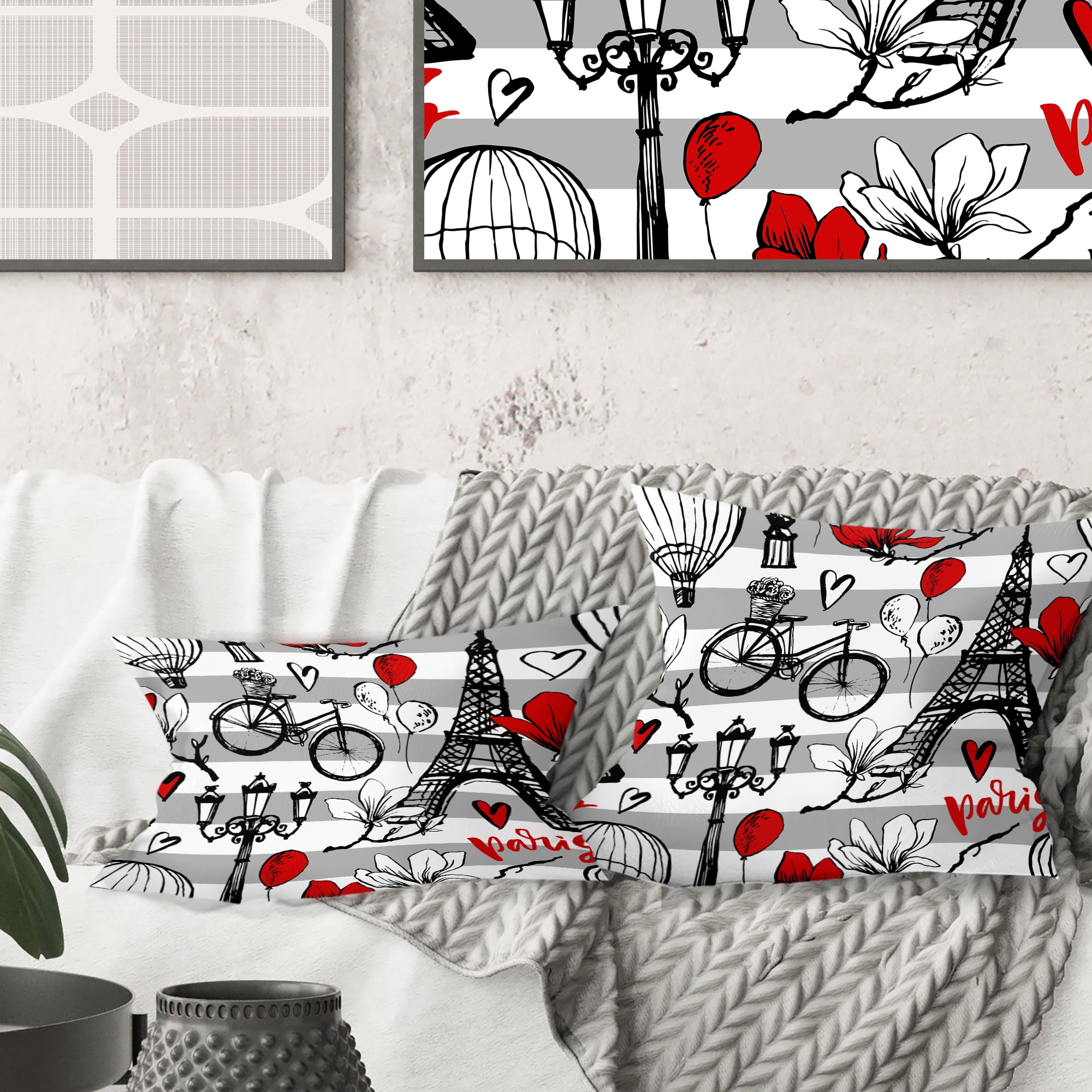Designart Paris Eiffel Red Hearts II' Mid-Century Modern Throw Pillow - 16x16