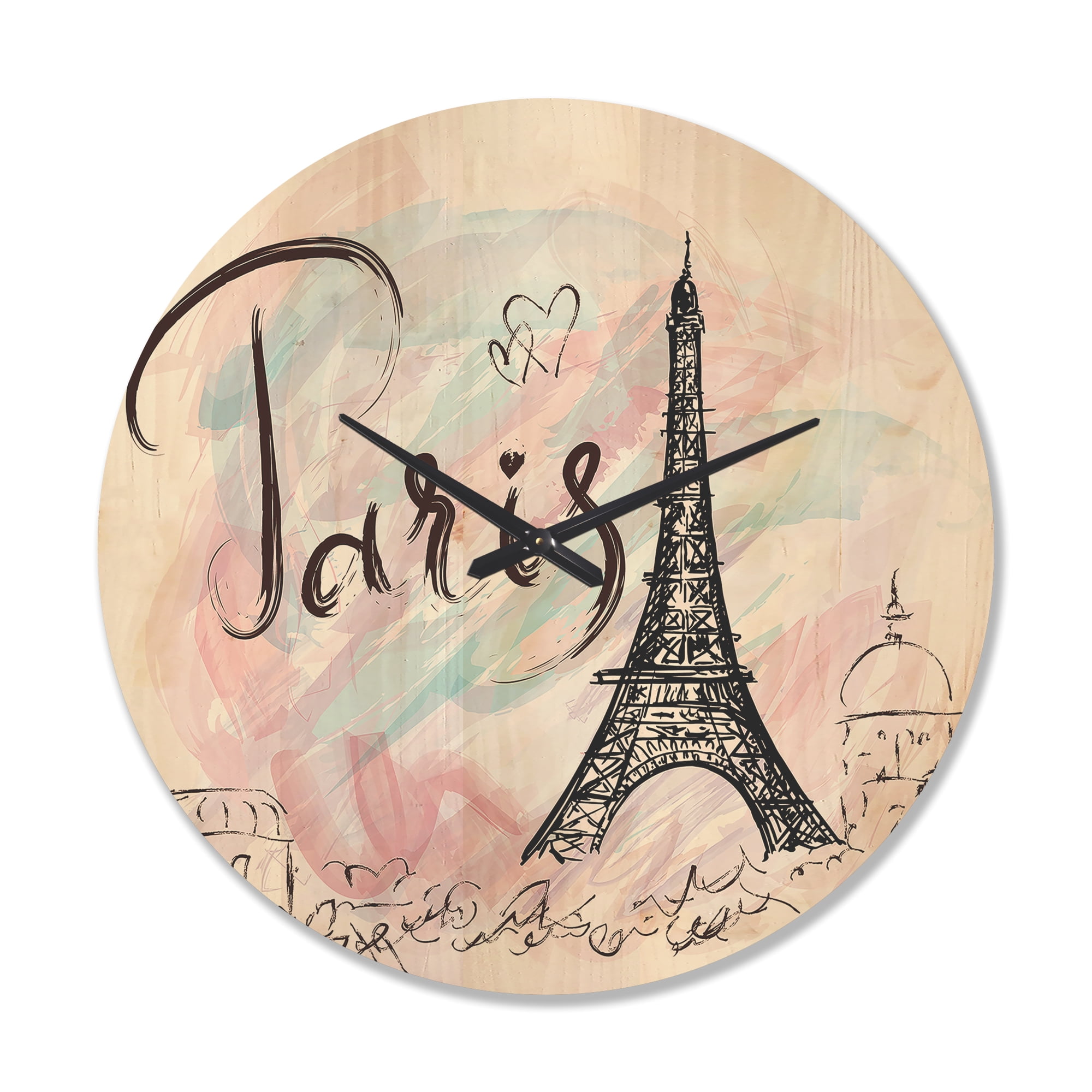 Designart 'Paris Eiffel Tower With Illustration II' Modern Wood Wall Clock