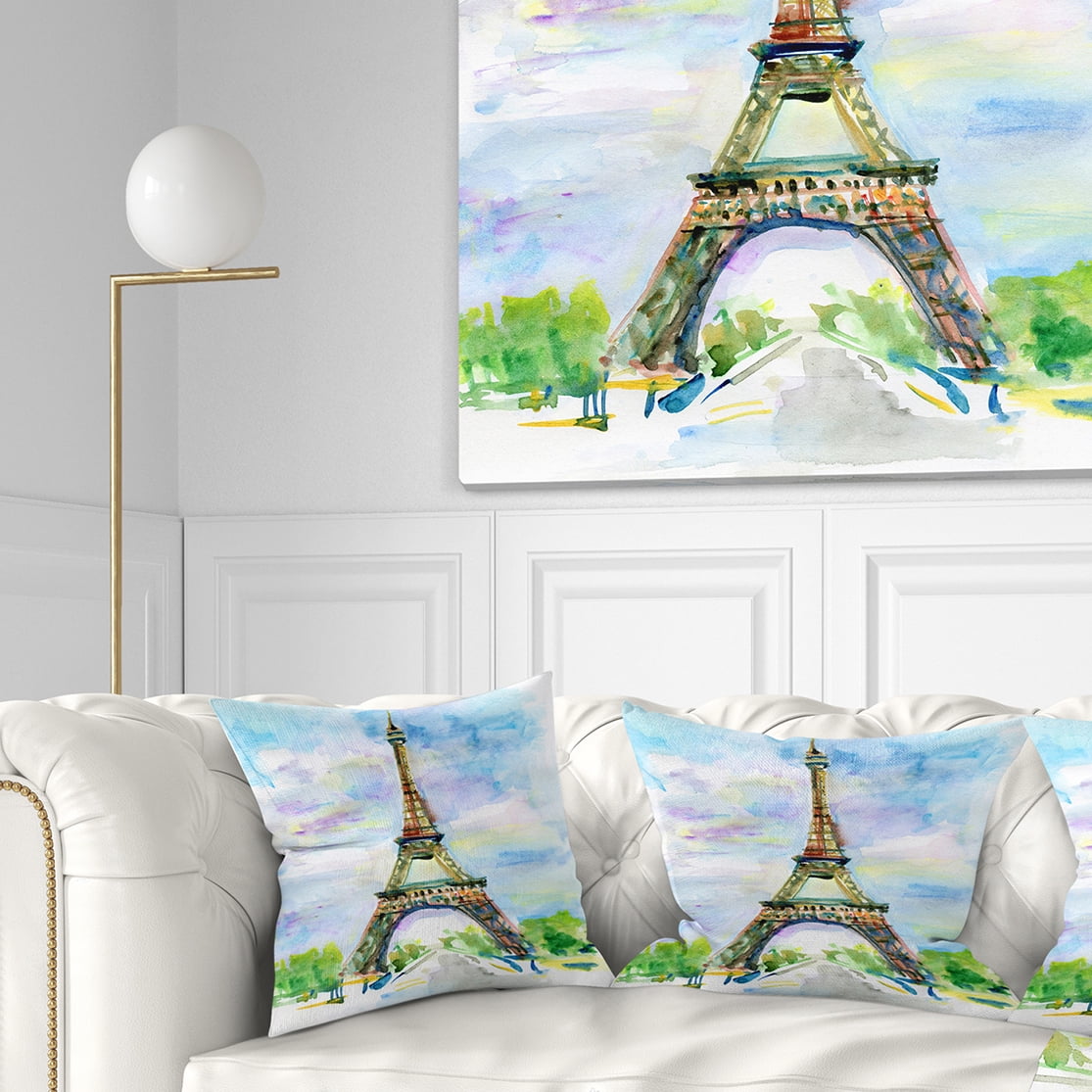 Designart Paris Eiffel Toweragainst Blue Sky - Watercolor Throw Pillow - 16x16