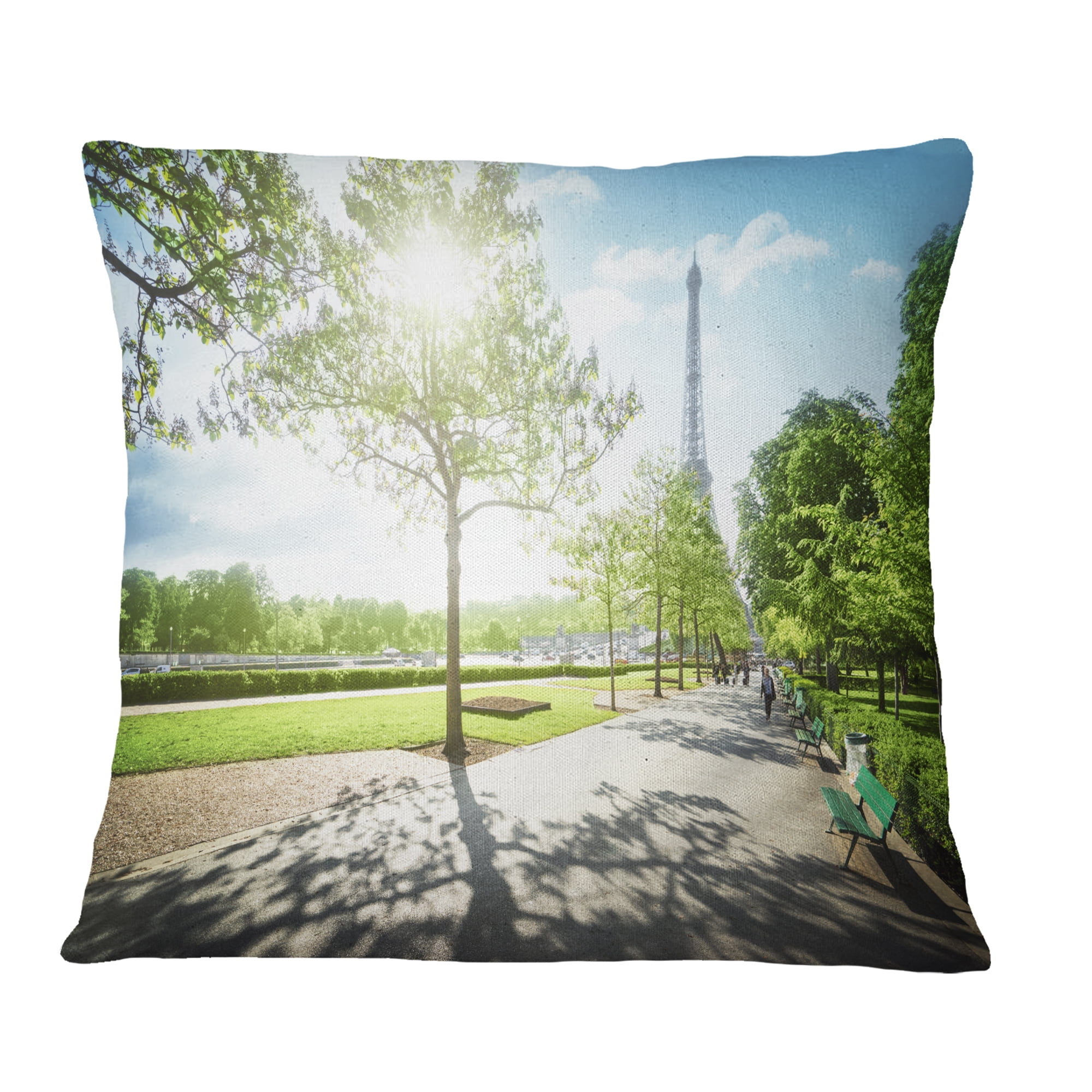Designart Paris Eiffel Towerat Sunny Morning - Landscape Printed Throw Pillow - 18x18