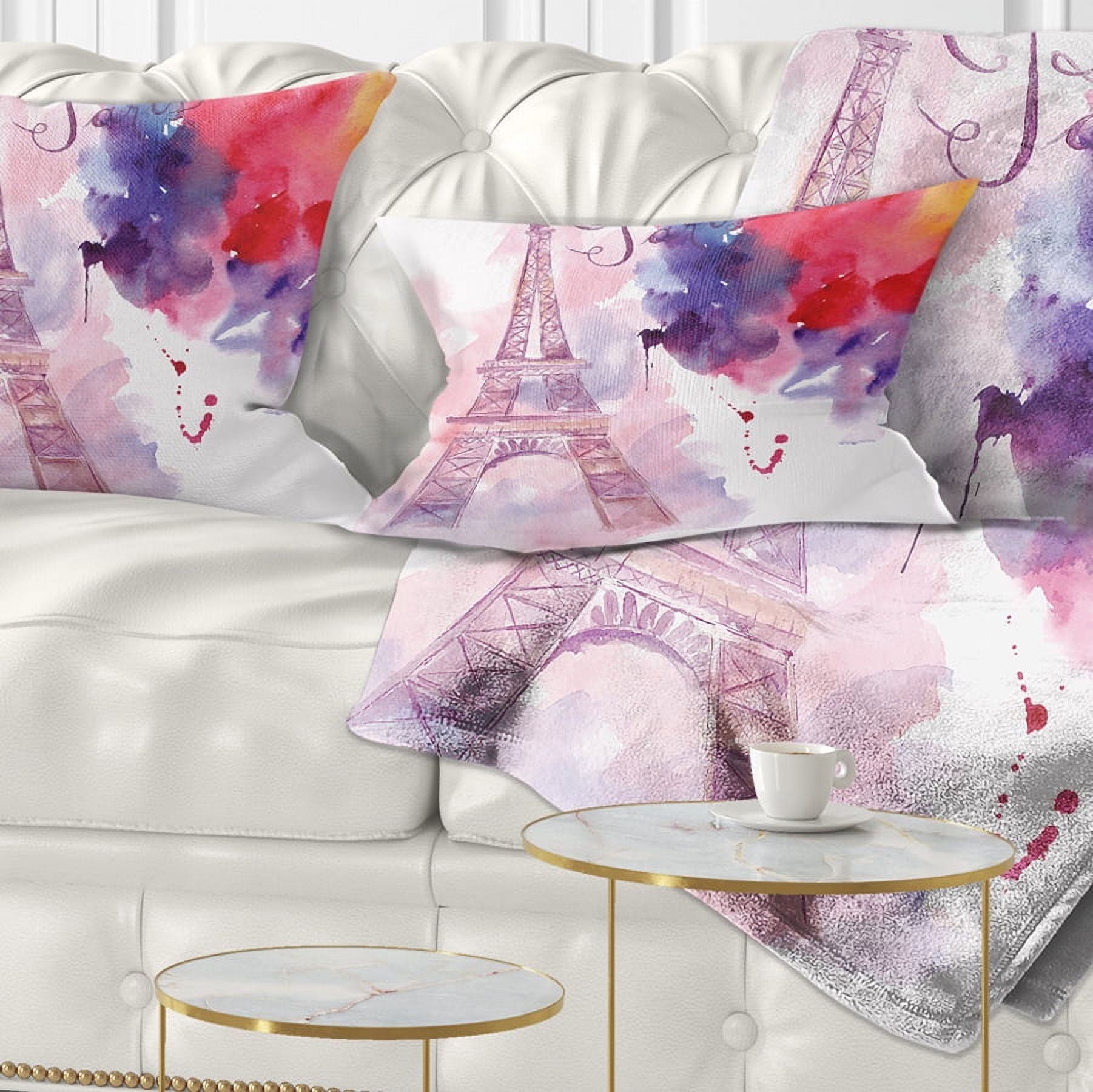 Designart Paris Eiffel Towerin Cloud of Colors - Watercolor Painting Throw Pillow - 12x20