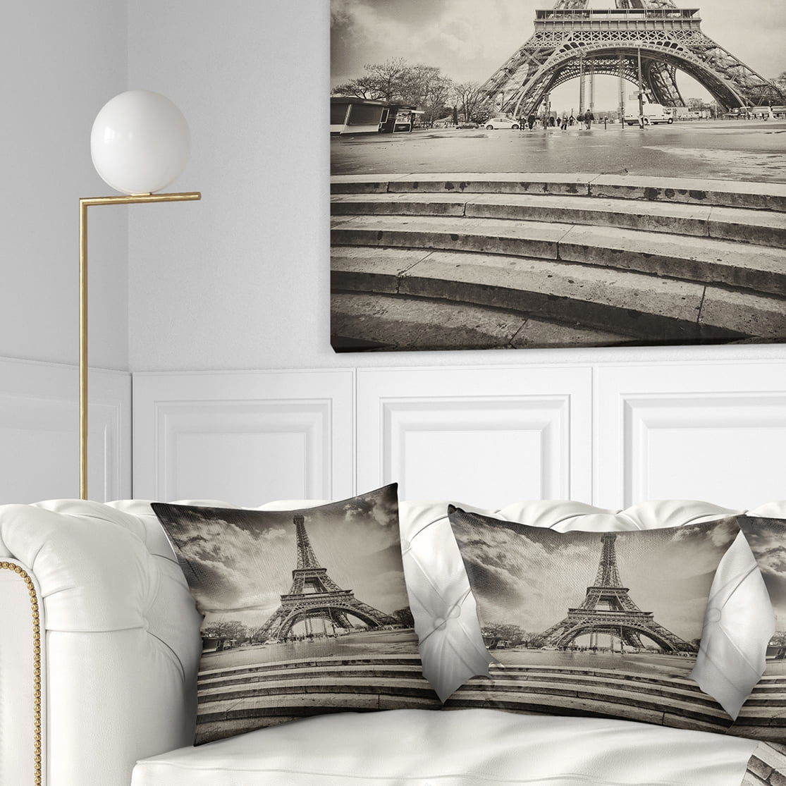 Designart Paris Eiffel Towerin Gray Shade - Landscape Photo Throw Pillow - 18x18