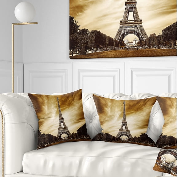 Designart Paris Eiffel Towerin Grey Shade - Landscape Photography Throw Pillow - 16x16