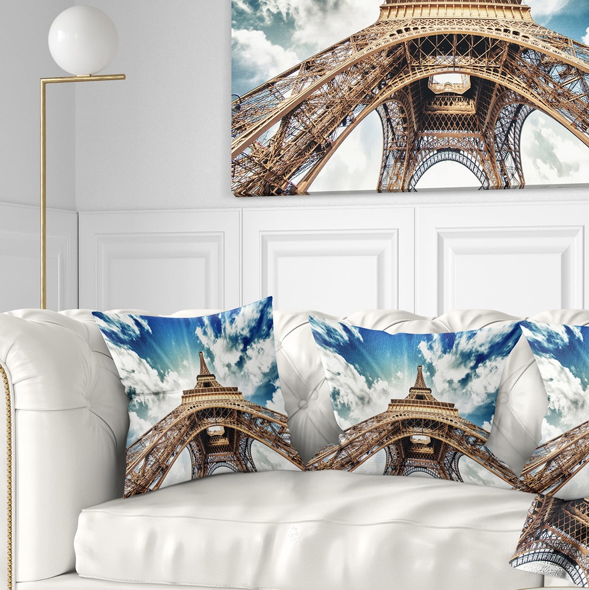 Designart Paris Eiffel Towerwith Fast Moving Clouds - Photography Throw Pillow - 18x18