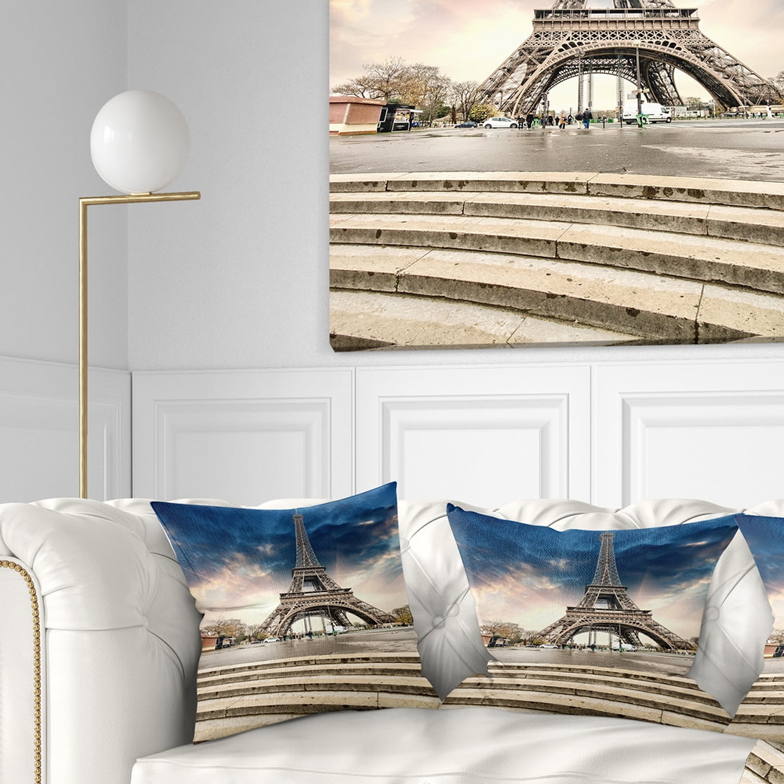 Designart Paris Eiffel Towerwith Stairs - Landscape Photo Throw Pillow - 16x16