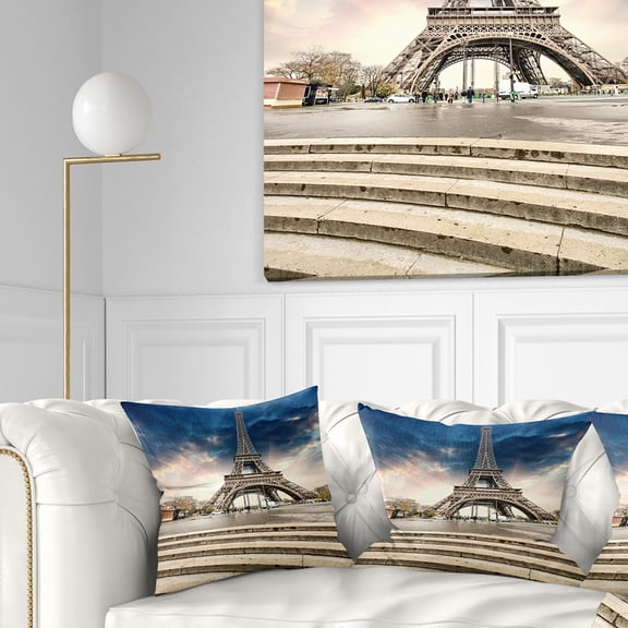 Designart Paris Eiffel Towerwith Stairs - Landscape Photo Throw Pillow - 16x16