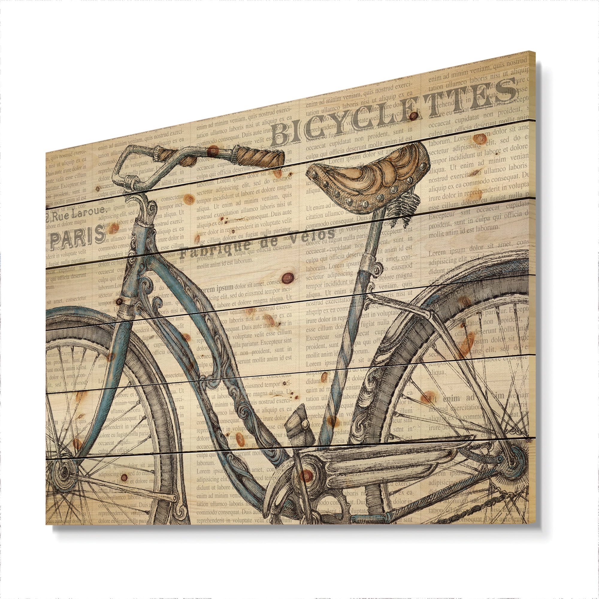 Designart 'Paris France Bicycles II' French Country Print on Natural Pine Wood