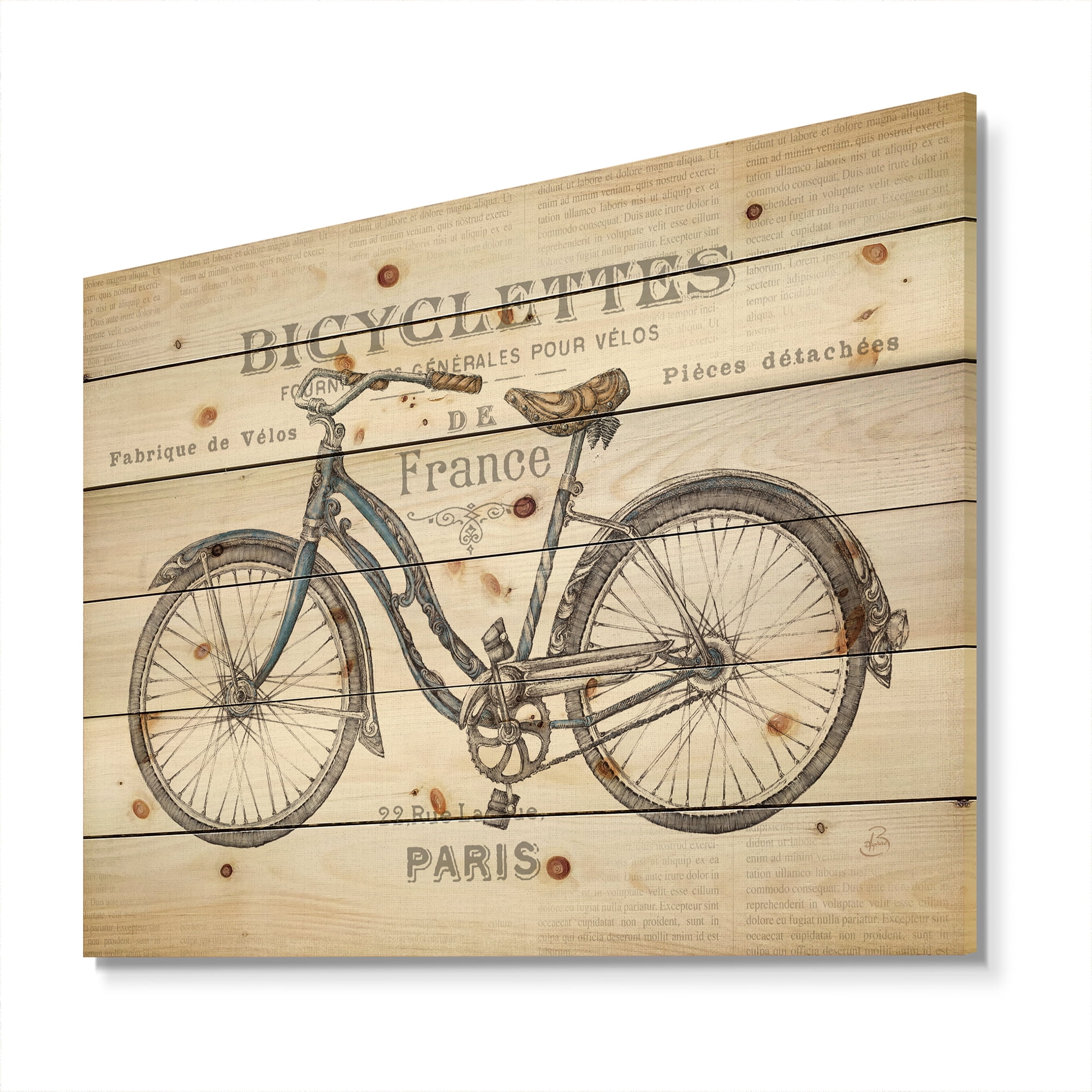 Designart 'Paris France Bicycles' Vintage Transportation Print on Natural Pine Wood