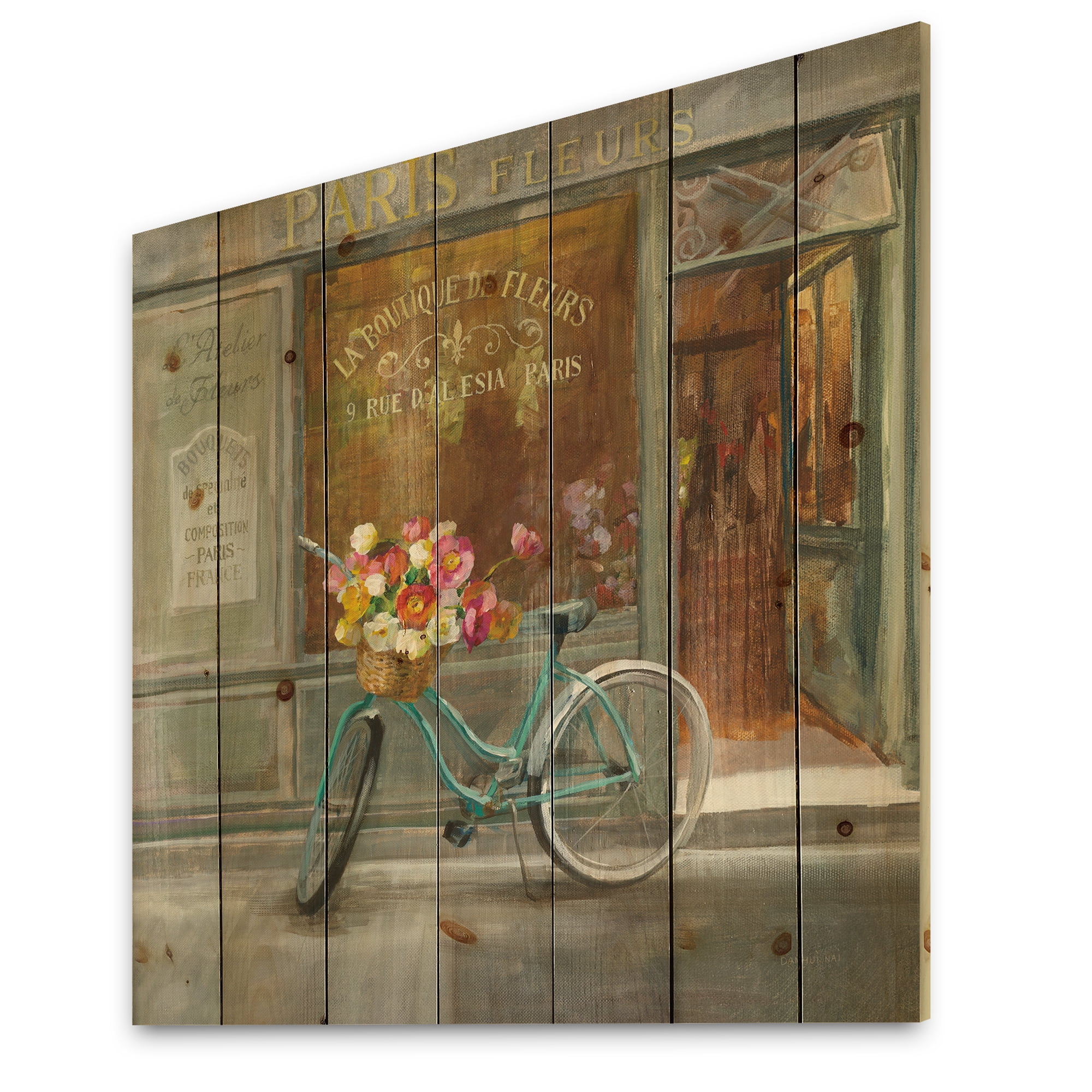 Designart 'Paris French Flowershop With Bicycle' Traditional Print on Natural Pine Wood