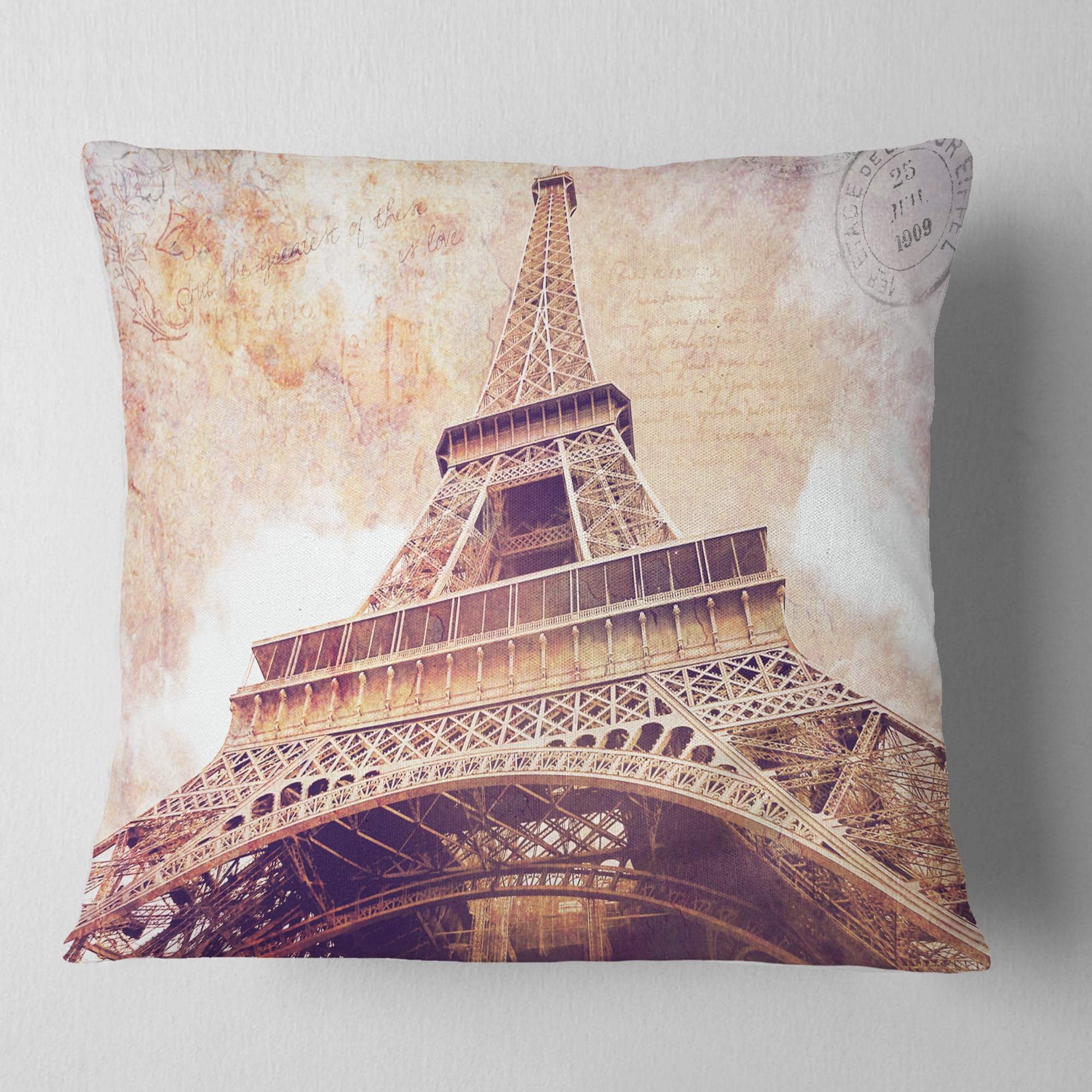 Designart Paris Paris Eiffel TowerParis Postcard Design - Cityscape Throw Pillow - 16x16