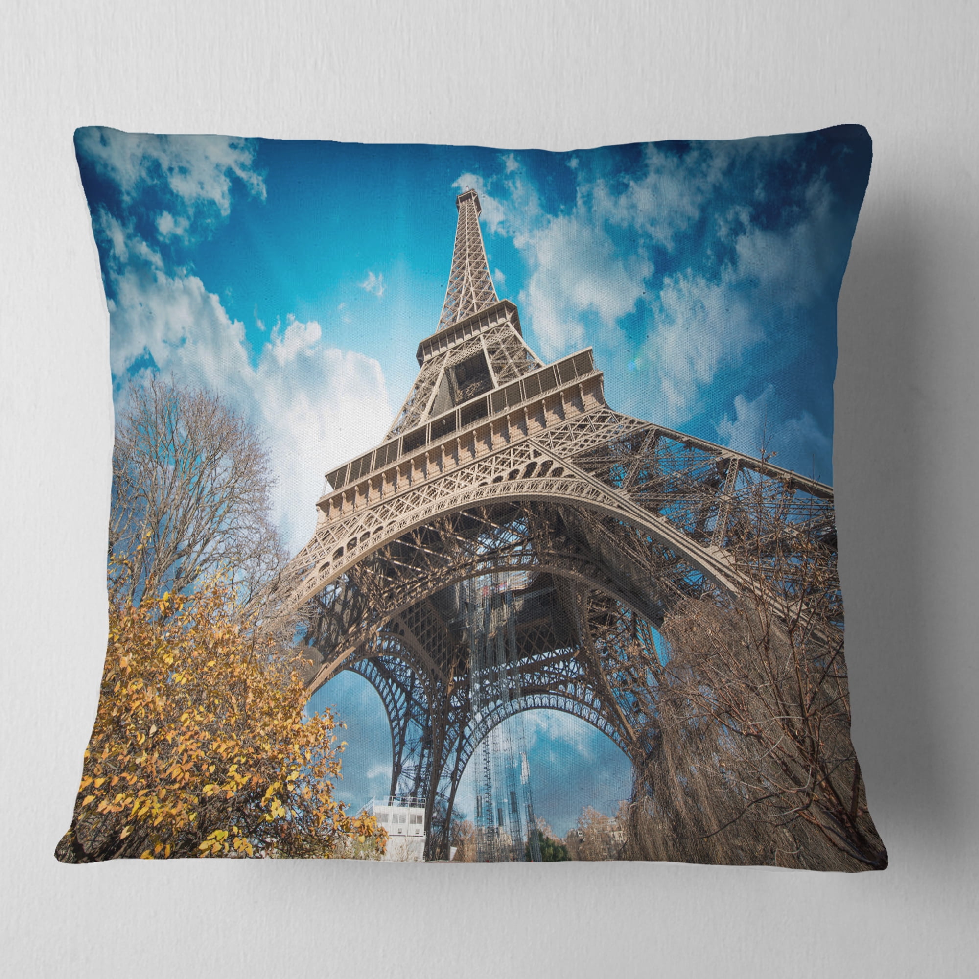 Designart Paris Paris Eiffel Towerand Blue Paris Sky View - Cityscape Throw Pillow - 16x16
