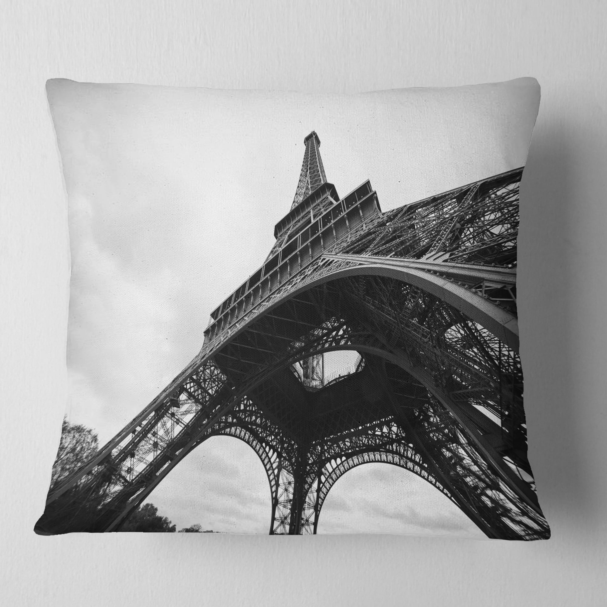 Designart Paris Paris Eiffel Towerin Black and White Side View - Cityscape Throw Pillow - 16x16