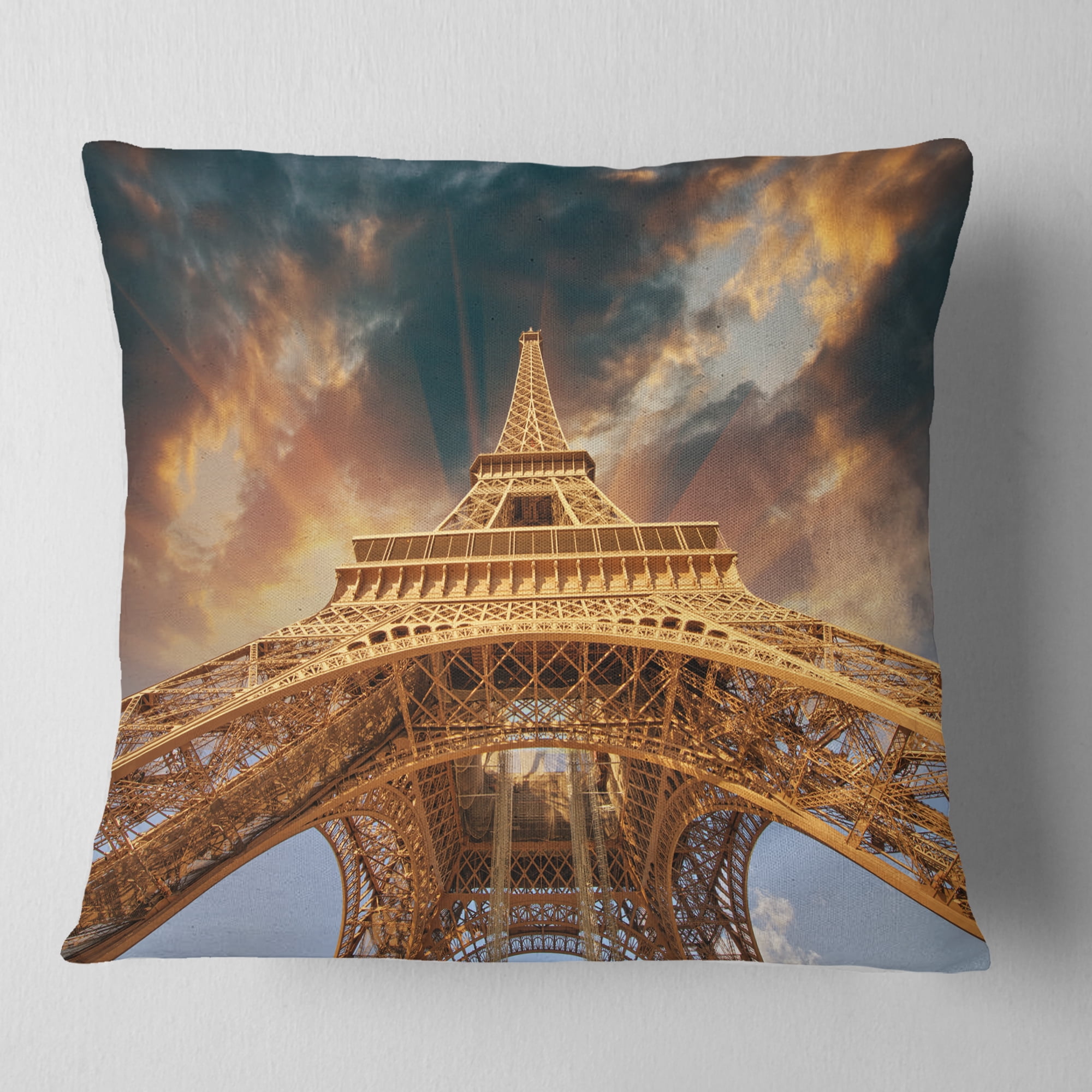 Designart Paris Paris Eiffel Towerin Paris with Sunset Colors - Cityscape Throw Pillow - 18x18