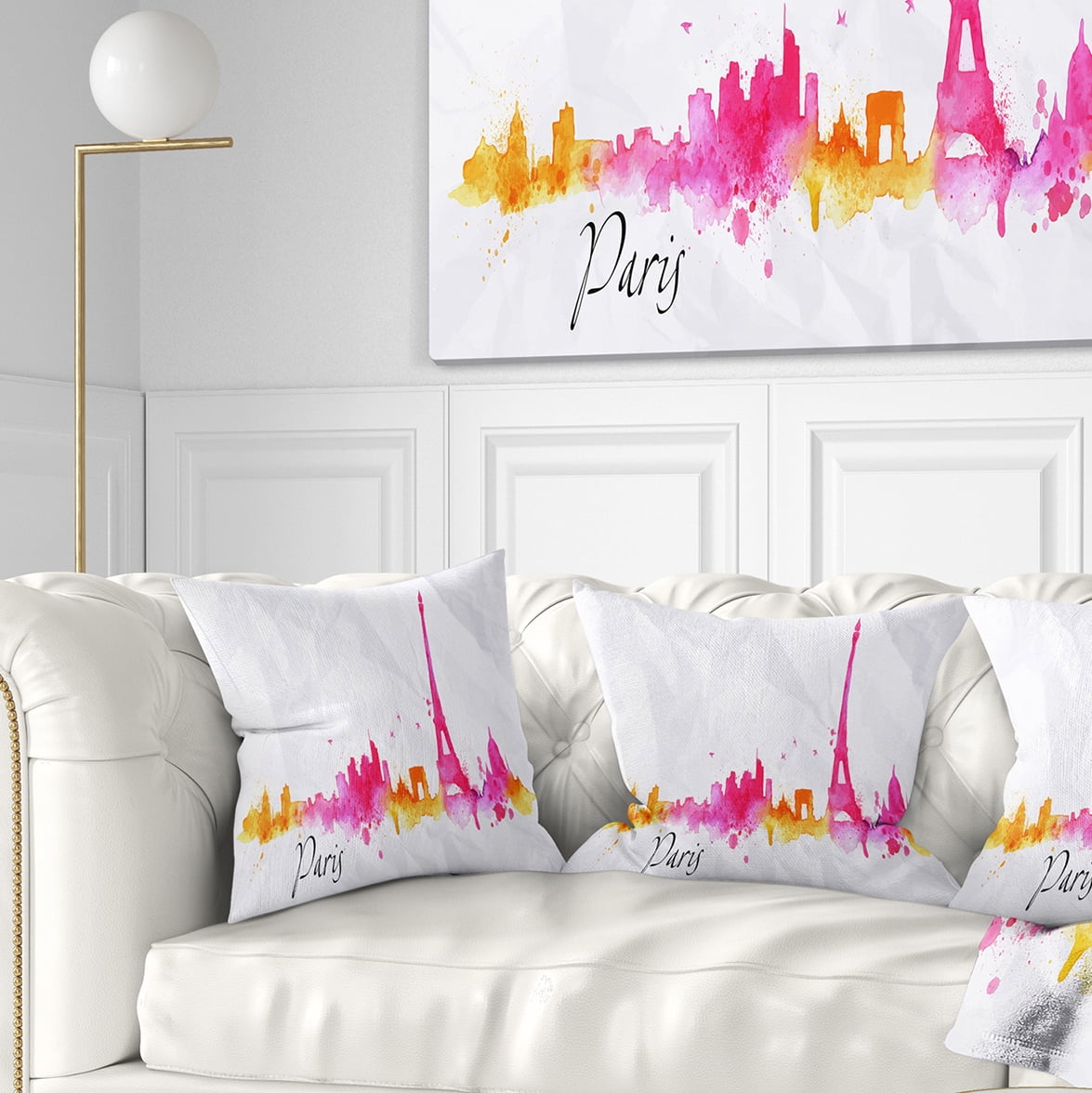 Designart Paris Pink Silhouette - Cityscape Painting Throw Pillow - 16x16