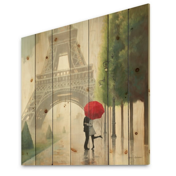Designart 'Paris Romance Couples' Romantic French Country Print on Natural Pine Wood
