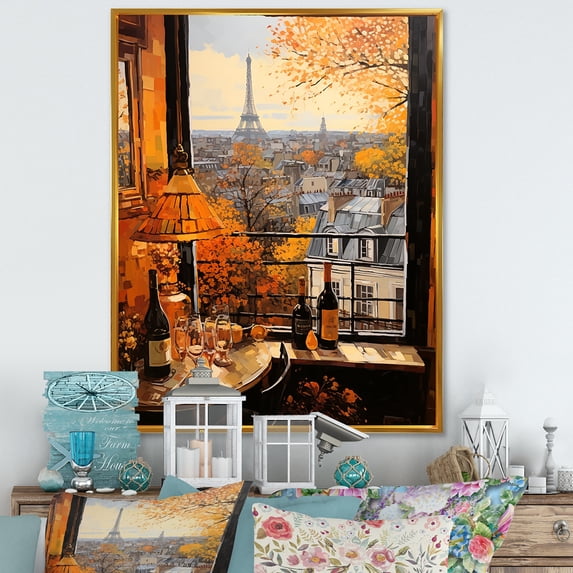 Designart "Paris Window View with Retro Charm IV" Cityscapes Framed Wall Art - Industrial Orange Paris Living Room Framed Canvas Art