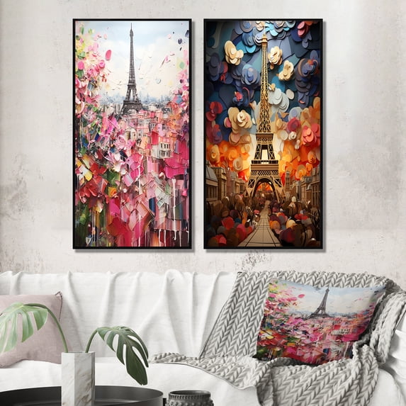 Designart "Paris in Bloom Vintage Collage Delight" City Paris Framed Wall Art Set Of 2 - Traditional Pink Gallery Wall Frame Set For Home Decor