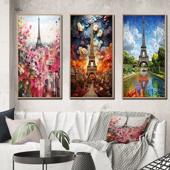 Designart "Paris in Bloom Vintage Collage Delight" City Paris Framed Wall Art Set Of 3 - Pink Paris Frame Gallery Set For Office Decor