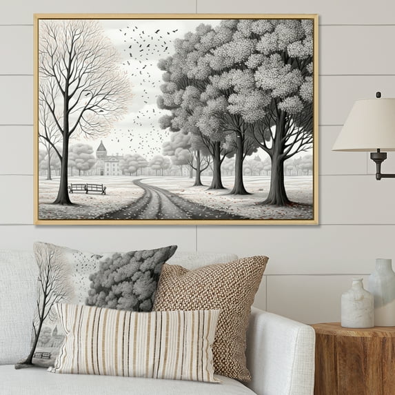 Designart "Park Monochrome Countryside Winter art painting III" Countryside Floater Framed Canvas Wall Art
