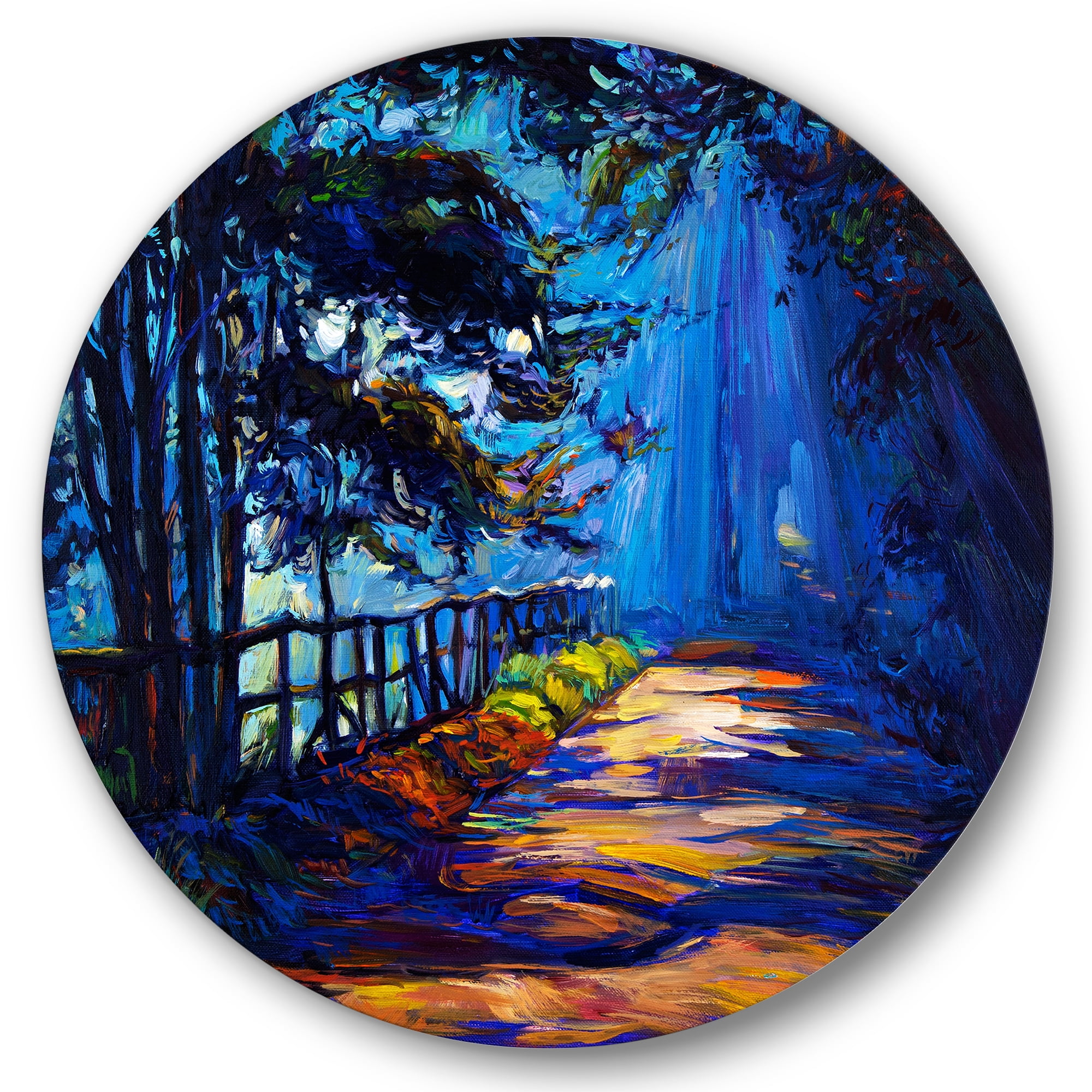 Designart 'Park Road In The Afternoon Shadows' Lake House Circle Metal Wall Art 23x23 - Disc of 23