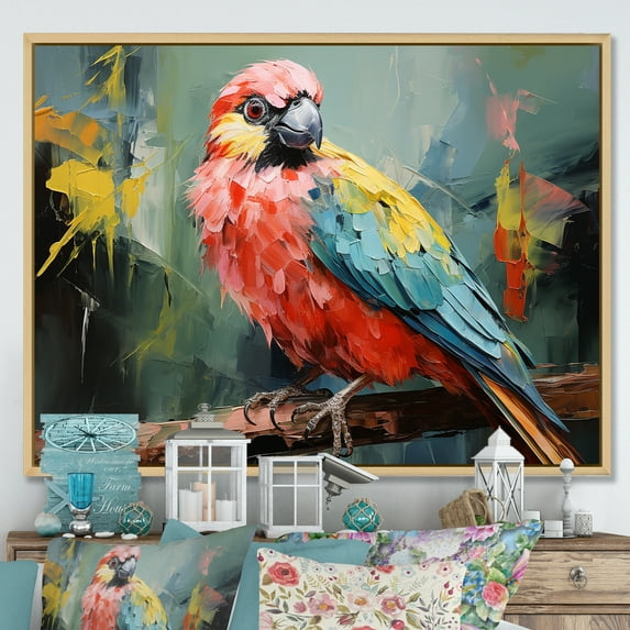 Designart "Parrot Harmony Pink and Green Florals II" Animals Framed Wall Art - Modern Pink Parrot Bedroom Framed Canvas Wall Art