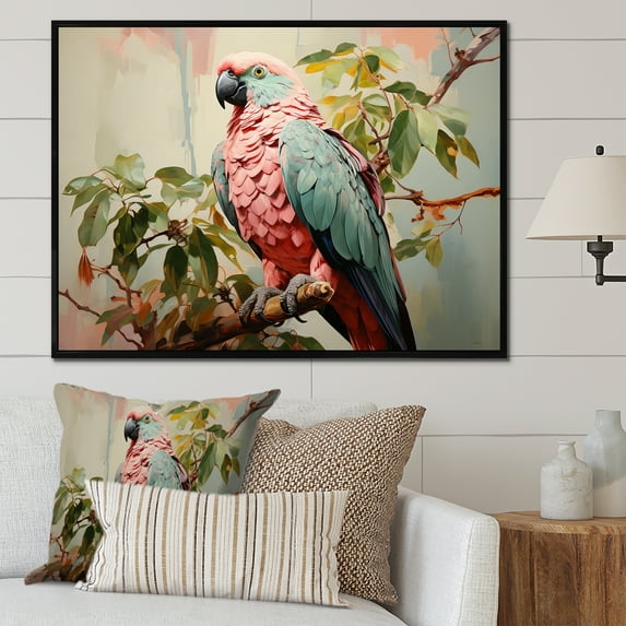 Designart "Parrot Paradise Blue and Pink II" Animals Framed Wall Art - Modern Blue Parrot Living Room Framed Canvas Art