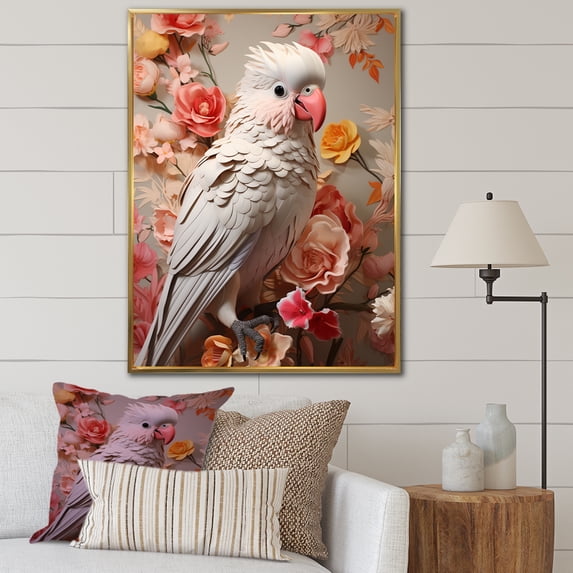 Designart "Parrot Paradise Vintage Floral Scene I" Animals Framed Wall Art - Modern White Parrot Bedroom Framed Canvas Wall Art
