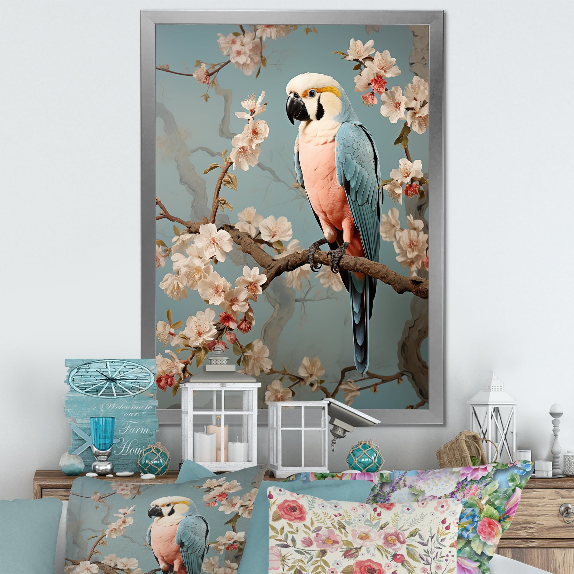 Vintage Floral Scene Parrot Print on Canvas with Silver Frame