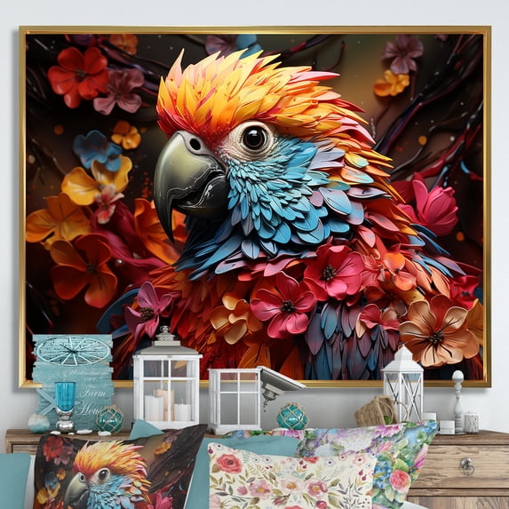 Designart "Parrot'S Vivid And Tropical Rhapsody" Parrot Floater Framed Canvas Wall Art