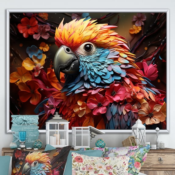 Designart "Parrot'S Vivid And Tropical Rhapsody" Parrot Floater Framed Canvas Wall Art