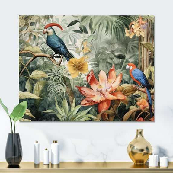 Designart "Parrot in a Tropical Paradise II" Parrot Metal Wall Art