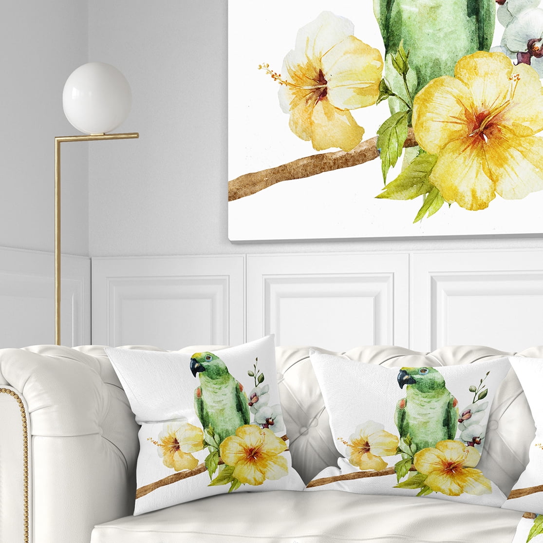 Designart Parrot with Flowers Watercolor - Floral Painting Throw Pillow - 16x16