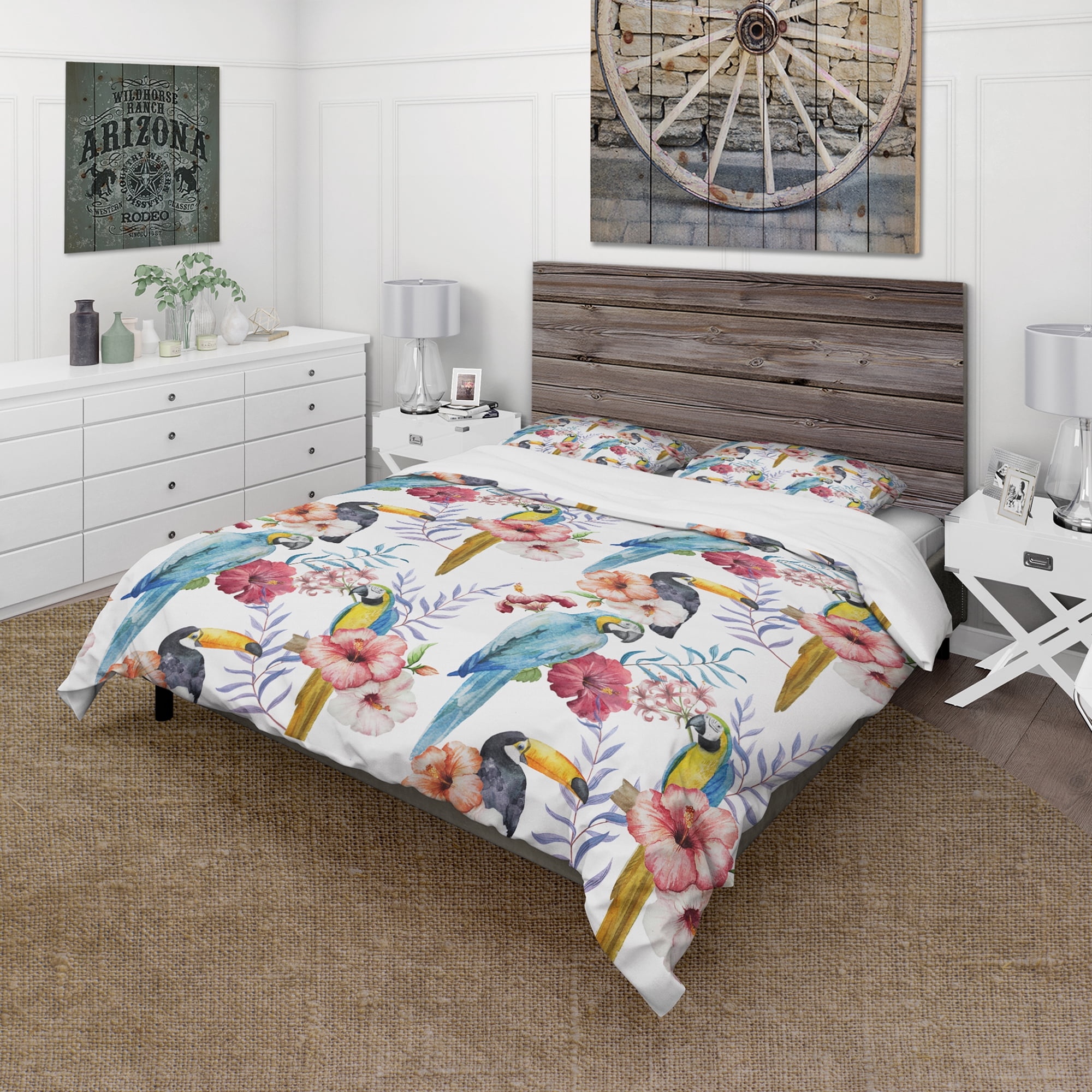 Designart 'Parrots, Hibiscus and Toucan' Animals Duvet Cover Set