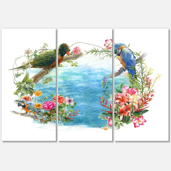 Designart ' Parrots and Flowers By The Blue Waterside ' Traditional Canvas Wall Art Print