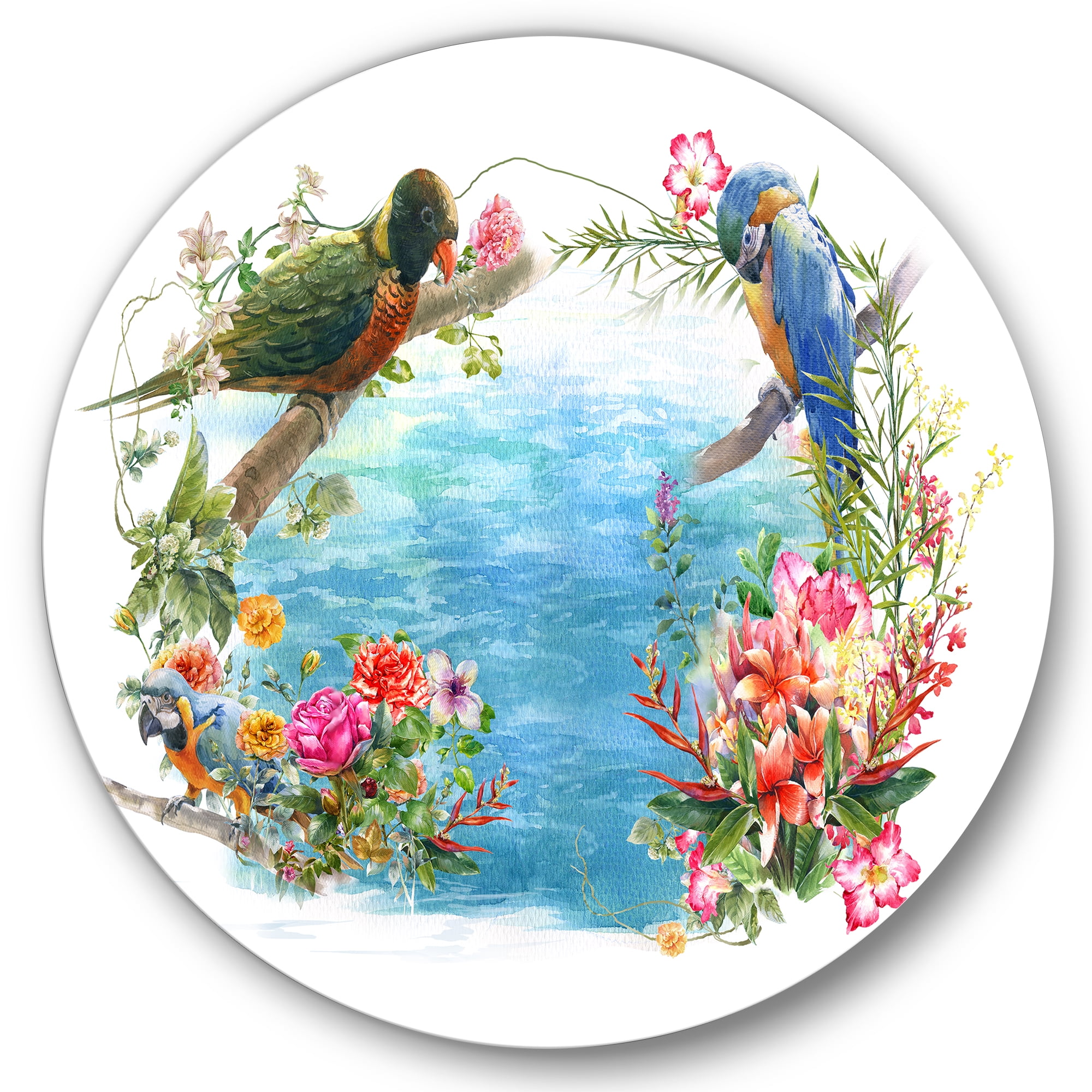 Designart 'Parrots and Flowers By The Blue Waterside' Traditional Circle Metal Wall Art 23x23 - Disc of 23
