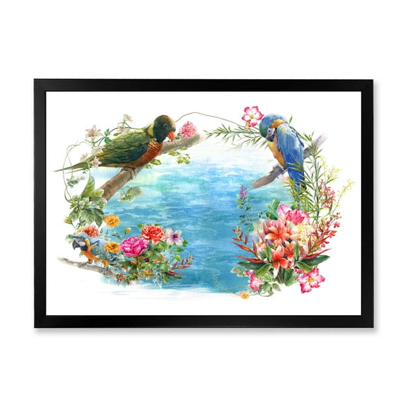 Designart 'Parrots and Flowers By The Blue Waterside' Traditional Framed Art Print