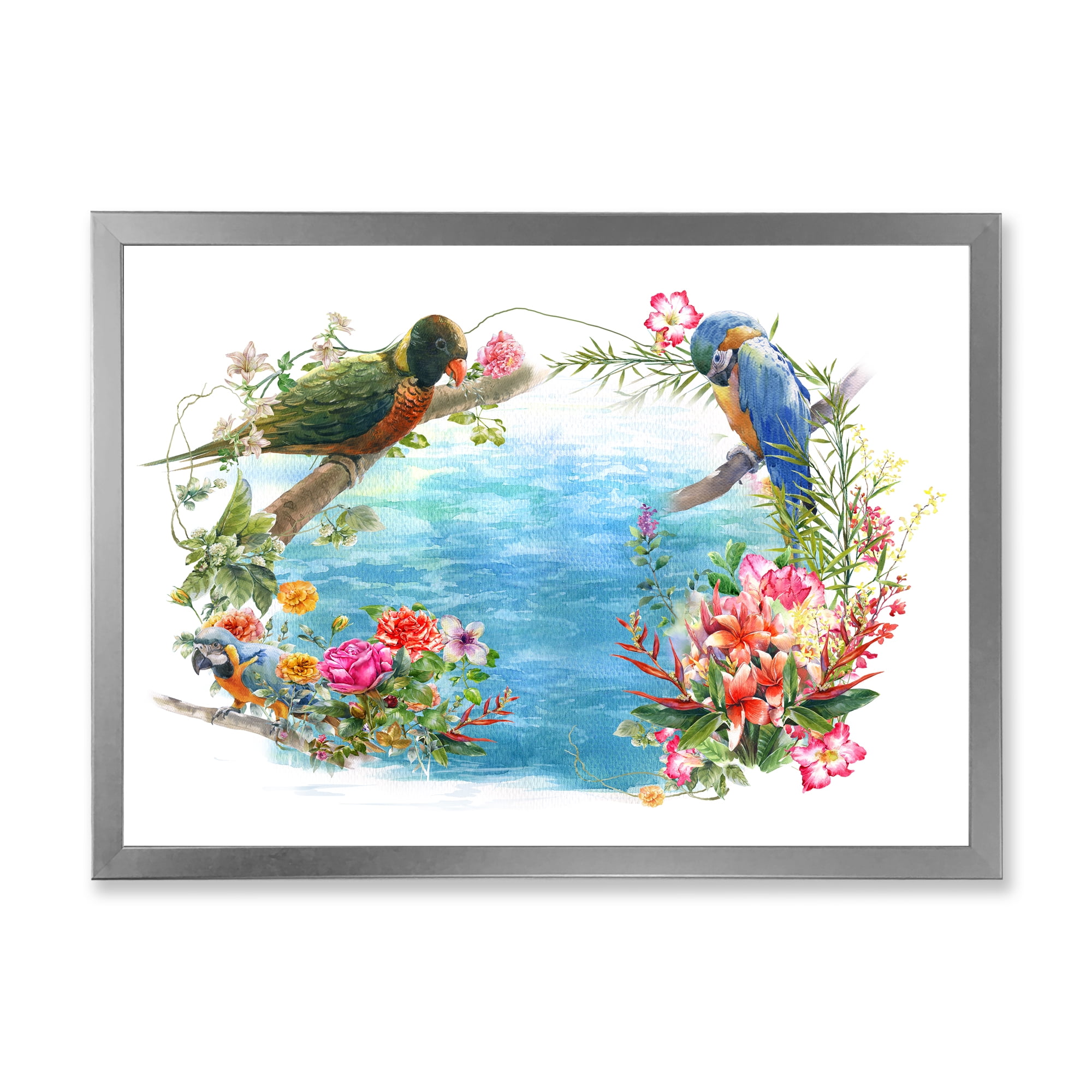 Designart 'Parrots and Flowers By The Blue Waterside' Traditional Framed Art Print